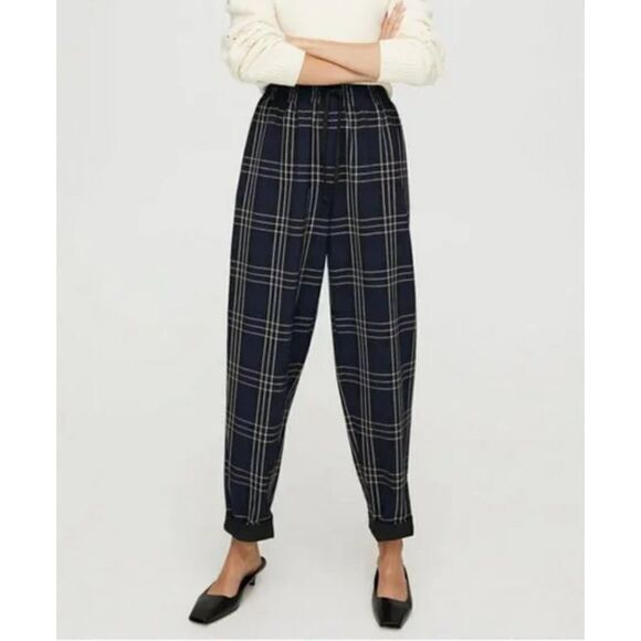 Aritzia Wilfred Blue Plaid High Rise Soleste Pants Size Small Cuffed Windowpane - Picture 1 of 12